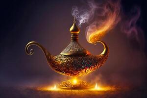 aladdin's mysterieus lamp met gloeiend rook, Bij de tijd van de uiterlijk van de geest. generatief ai illustratie foto