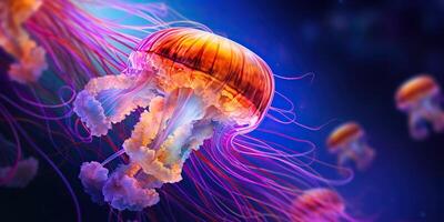 ai gegenereerd. ai generatief. zee onderwater- gelei vis kwal meduza. grafisch kunst foto