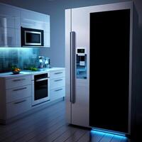 keuken met slim huishoudelijke apparaten met Scherm scherm en een slim oven met spraakgestuurd instellingen, concept van slim huis en kunstmatig intelligentie, gemaakt met generatief ai technologie foto