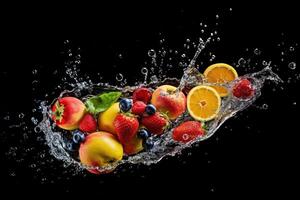 voorraad foto van water plons met divers fruit vallen geïsoleerd voedsel fotografie generatief ai