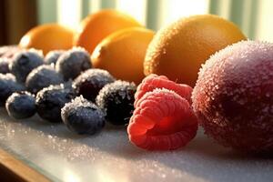 bevroren fruit in de keuken tafel professioneel voedsel fotografie ai gegenereerd foto