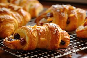 voorraad foto van viennoiserie met rozijnen viennoiserie zijn Frans gebakken voedsel fotografie generatief ai