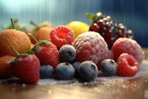 bevroren fruit in de keuken tafel professioneel voedsel fotografie ai gegenereerd foto