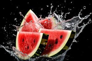 voorraad foto van water plons met gesneden watermeloen geïsoleerd voedsel fotografie generatief ai