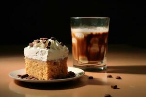 bevroren koffie met een plak taart profesional reclame voedsel fotografie ai gegenereerd foto