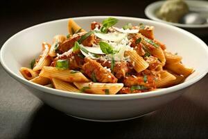 chiken pasta in de kom professioneel voedsel fotografie ai gegenereerd foto