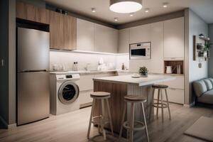 voorraad foto van een klein keuken met wasserij kamer modern appartement stijl fotografie generatief ai