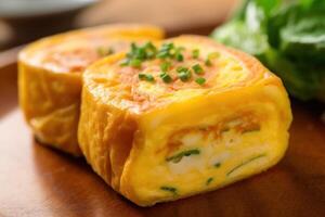 voorraad foto van tamagoyaki Japans gerold omelet redactioneel voedsel fotografie generatief ai