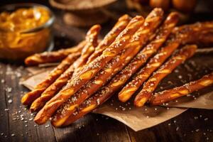 voorraad foto van zoute krakeling stokjes of pretzels in de keuken tafel professioneel voedsel fotografie ai gegenereerd