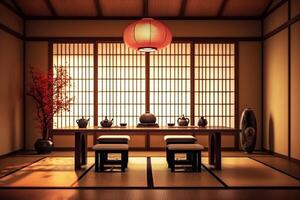 voorraad foto van een dining kamer Japans stijl verlichting fotografie generatief ai