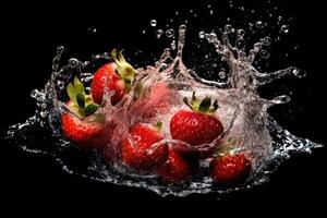 voorraad foto van water plons met gesneden aardbeien geïsoleerd voedsel fotografie generatief ai