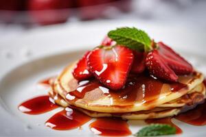 voorraad foto van warm pannenkoek met aardbei siroop voedsel fotografie generatief ai