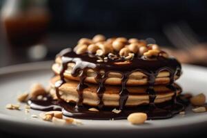 voorraad foto van een pannenkoek met chocola glazuur en plak pinda editor voedsel fotografie generatief ai