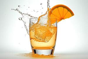 voorraad foto van glas van oranje sap met ijs kubus plons redactioneel voedsel fotografie generatief ai