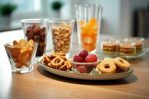 calorie snacks in de keuken tafel voedsel fotografie ai gegenereerd foto