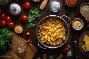 voorraad foto van macaroni in de keuken vlak leggen fotografie generatief ai