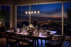 voorraad foto van professioneel catalogus beeld met vol dining kamer tafel fotografie generatief ai