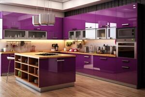 voorraad foto van modern hout Purper keuken ultra ai gegenereerd