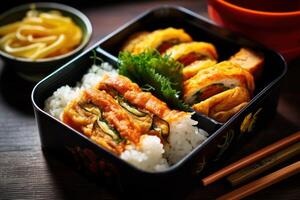 voorraad foto van tamagoyaki Japans gerold omelet in bento met rijst- voedsel fotografie generatief ai