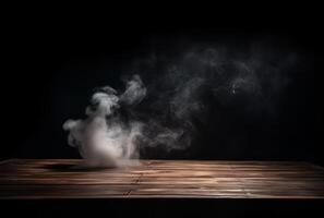 een tafel met rook komt eraan uit van het en een zwart achtergrond. gegenereerd ai foto