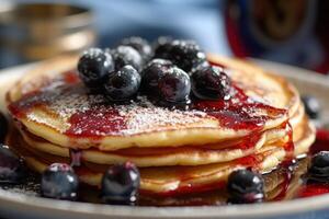 voorraad foto van warm pannenkoek met bosbes siroop voedsel fotografie generatief ai