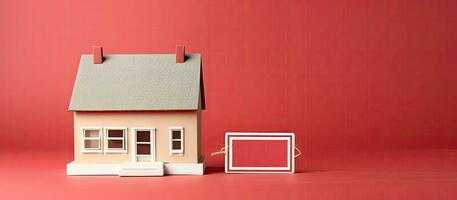 een klein model- huis De volgende naar een rood achtergrond gemaakt met generatief ai technologie foto