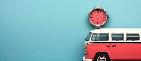 een rood en wit bus en een klok Aan een blauw muur gemaakt met generatief ai technologie foto