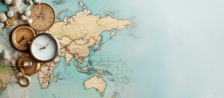 een wereld kaart met een bundel van klokken Aan het gemaakt met generatief ai technologie foto