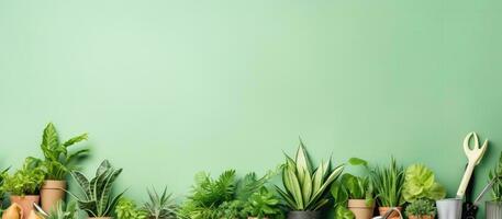een rij van ingemaakt planten tegen een groen muur gemaakt met generatief ai technologie foto