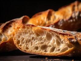 de knapperig detail van een vers gebakken baguette foto