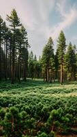 natuur landschap de bomen in de pijnboom Woud Aan een Doorzichtig zomer daglicht met groen gras patroon gemaakt met generatief ai technologie foto