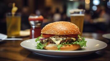 kaas hamburger - Amerikaans kaas hamburger met gouden Frans Patat Aan houten tafel, generatief ai foto