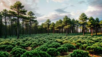 natuur landschap de bomen in de pijnboom Woud Aan een Doorzichtig zomer daglicht met groen gras patroon gemaakt met generatief ai technologie foto