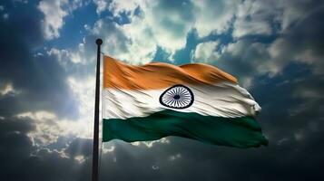 gelukkig onafhankelijkheid dag Indië, Indisch vlag zwaaien, Indisch vlag in creatief achtergrond, generatief ai foto