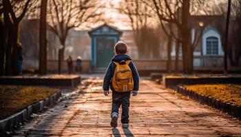 terug visie van schooljongen met rugzak staand in klas. terug naar school- concept foto