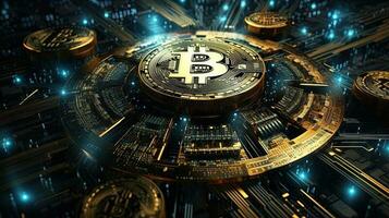 blockchain technologie van bitcoin met een blauw licht achtergrond, gegenereerd door ai foto