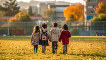 terug naar school- concept. school- kinderen met rugzakken gaan naar school, generatief ai foto