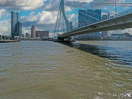 visie over- de maas rivier- naar de stad centrum van Rotterdam met erasmus brug gedurende de dag foto