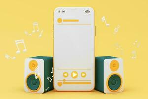 hoofdtelefoons en smartphone met muziek- aantekeningen drijvend Aan geel achtergrond omringd door spreker met musical instrumenten. concept van pret lied of muziek- festival. 3d geven illustratie tekenfilm stijl foto