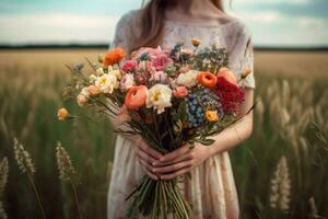 meisje met een zomer boeket van bloemen in een tarwe veld- generatief ai foto