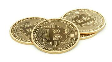 gouden munten met bitcoin symbool. geven 3d. bitcoins. cryptogeld. digitaal munteenheid. geïsoleerd Aan wit achtergrond foto