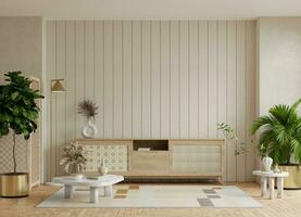 modern interieur van leven kamer met kabinet voor TV Aan houten lat room kleur muur achtergrond. foto