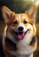 detailopname portret van hond corgi gezicht in profiel. de uiteinde van een loop van een hond met ogen, roze taal, lang snor, zwart neus. uiteinde van een loop van een hond in profiel generatief ai. foto