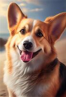 detailopname portret van hond corgi gezicht in profiel. de uiteinde van een loop van een hond met ogen, roze taal, lang snor, zwart neus. uiteinde van een loop van een hond in profiel generatief ai. foto