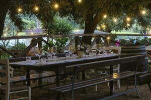 tafel reeks in de tuin onder de pergola met details van gerechten in een restaurant in Ligurië in de zomer van 2023 foto