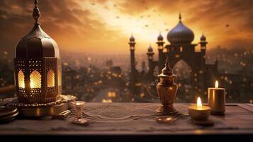 illustratie van verbazingwekkend architectuur ontwerp van moslim moskee Ramadan concept ai foto