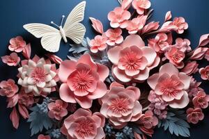 origami papier bloemen met vlinders. generatief ai foto