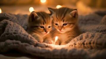 schattig kittens Aan een deken Aan bed Bij nacht. generatief ai foto