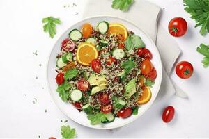 quinoa tabouleh salade met rood kers tomaten, oranje paprika, avocado, komkommers en peterselie. traditioneel midden- oostelijk en Arabisch gerecht. wit tafel achtergrond, top visie, genereren ai foto