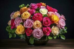 kleurrijk voorjaar bloem arrangement met rozen, Frans tekst merci middelen dank u , genereren ai foto